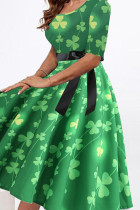 Зеленый элегантный принт в стиле пэчворк с бантом и круглым вырезом A-Line Платья больших размеров