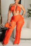 Oranje Sexy Effen Tassel Bandage Backless Halter Mouwloos Two Pieces