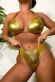 Gold Sexy Solid Bandage Backless Swimwears (With Paddings)