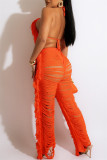 Orange Sexy Solid Tassel Bandage Backless Halter Sleeveless Two Pieces