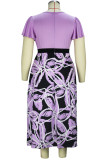 Purple Elegant Print Patchwork Zipper V Neck A Line Plus Size Dresses
