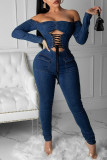Dark Blue Sexy Casual Solid Hollowed Out Frenulum Backless Off the Shoulder High Waist Skinny Denim Jumpsuits