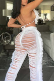 White Sexy Solid Bandage Backless Sleeveless Two Pieces Halter Bra Top Knitted Tassel Beach Set