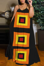 ブラック オレンジ セクシー カジュアル プリント バックレス スパゲッティ ストラップ ロング ドレス ドレス