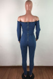 Dark Blue Sexy Casual Solid Hollowed Out Frenulum Backless High Waist Skinny Off the Shoulder Denim Jumpsuits