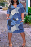 Gray Blue Casual Print Basic O Neck Short Sleeve Dress