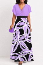 Púrpura Elegante Estampado Patchwork Cremallera Cuello En V Una Línea Vestidos De Talla Grande