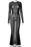 Черные сексуальные однотонные лоскутные длинные платья с круглым вырезом