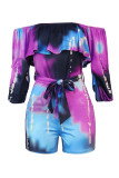 Blue Purple Casual Print Patchwork Off the Shoulder Skinny Rompers