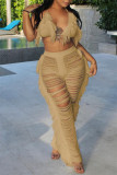 Khaki Sexy Solid Tassel Bandage Backless Halter Sleeveless Two Pieces