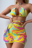 Abbigliamento sportivo colorato sexy Cinghie incrociate patchwork a blocchi di colore Set da 3 pezzi (con imbottitura)