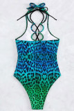 Turquoise Sportswear Gradual Change Patchwork Cross Straps Swimwears(With Paddings)