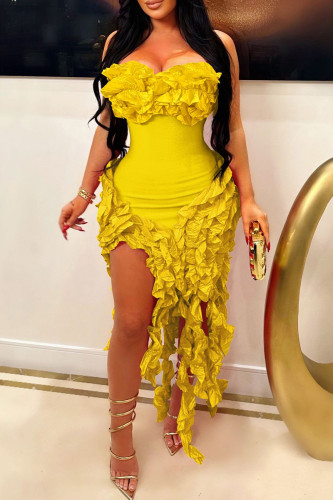 Yellow Elegant Solid Patchwork Stringy Selvedge Strapless Strapless Dress Dresses