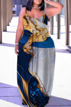 Синие золотые сексуальные повседневные длинные платья с открытой спиной и бретельками с принтом
