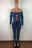 Dark Blue Sexy Casual Solid Hollowed Out Frenulum Backless Off the Shoulder High Waist Skinny Denim Jumpsuits