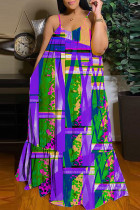 Фиолетово-зеленое сексуальное повседневное длинное платье с открытой спиной и бретельками с принтом.