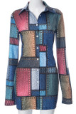 Couleur Street Print Patchwork Boucle Chemise Col Chemise Robe Robes