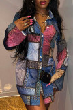 Цветной уличный принт Лоскутная пряжка Рубашка с воротником-рубашкой Платье Платья