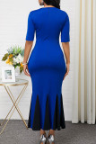 Blaue elegante ausgehöhlte Patchwork-Reißverschluss-O-Ausschnitt-Trompeten-Meerjungfrau-Kleider in Übergröße