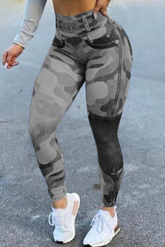 Grey Casual Camouflage Print Basic Skinny High Waist Pencil Full Print Trousers