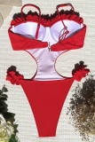 Red Sportswear Solid Patchwork Swimwears(With Paddings)