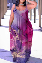 Розовое фиолетовое сексуальное повседневное длинное платье с принтом и открытой спиной на тонких бретельках Платья