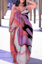 Robes de robe longue à bretelles spaghetti imprimées décontractées violettes