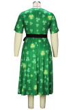Green Elegant Print Patchwork With Bow O Neck A Line Plus Size Dresses