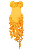 Желтые элегантные однотонные лоскутные платья без бретелек с кромкой и без бретелек