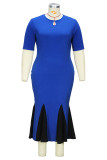 Blauwe elegante uitgeholde patchwork rits O-hals trompet zeemeermin plus size jurken