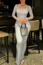 Серые сексуальные платья с принтом в стиле пэчворк с круглым вырезом и принтом