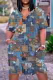 Gråblå Casual Print Basic O-ringad kortärmad klänning