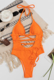Oranje sexy sportkleding effen uitgehold patchwork gekruiste bandjes badkleding (met vullingen)