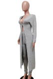Grey Casual Solid Patchwork Buckle Cardigan Collar Long Sleeve Two Pieces