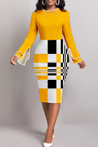 イエローのエレガントなチェック柄カラーブロックパッチワークジッパーOネックペンシルスカートドレス