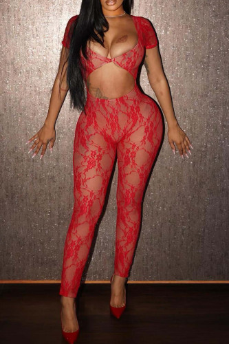 Red Sexy Solid Hollowed Out Patchwork See-through U Neck Skinny Jumpsuits