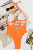 Oranje sexy sportkleding effen uitgehold patchwork gekruiste bandjes badkleding (met vullingen)