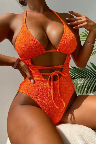 Orange Sexy Sportswear Solid Hollowed Out Patchwork Cross Straps Swimwears(With Paddings)