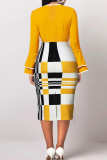 Vestidos de falda lápiz con cuello en O con cremallera y bloques de color a cuadros elegantes amarillos