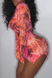 Rozerode sexy print patchwork split O-hals schede jurken