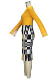 Robes jupe crayon à carreaux jaunes élégantes, bloc de couleurs, Patchwork, fermeture éclair, col rond