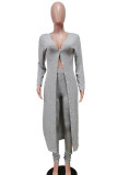 Grey Casual Solid Patchwork Buckle Cardigan Collar Long Sleeve Two Pieces