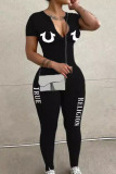 Schwarze, sexy, bedruckte, schmale Jumpsuits mit Patchwork-Reißverschluss und Reißverschlusskragen