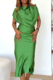 Grüne, elegante, einfarbige, lange Kleider mit Patchwork-Falten und O-Ausschnitt
