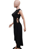 Zwarte elegante effen uitgeholde patchwork trekkoord hoge opening vouw O-hals lange jurk jurken