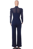 Royal Blue Casual Solid Bandage Patchwork See-through O Neck Regular Jumpsuits