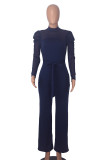 Royal Blue Casual Solid Bandage Patchwork See-through O Neck Regular Jumpsuits