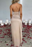 Apricot Sexy Formal Solid Backless Slit Oblique Collar Evening Dress Dresses