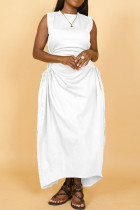 White Elegant Solid Hollowed Out Patchwork Draw String High Opening Fold O Neck Long Dress Dresses