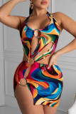 Robe fourreau à imprimé serpent, sexy, décontractée, bloc de couleurs, ajourée, patchwork, col licou